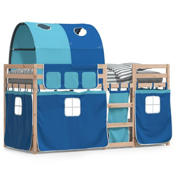 vidaXL Etagenbett mit Vorhängen Blau 90x200 cm Massivholz Kiefer, 3284019