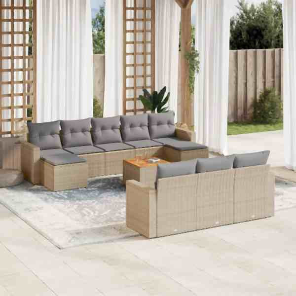 vidaXL 11-tlg. Garten-Sofagarnitur mit Kissen Beige Poly Rattan, UV-beständig, 3224344