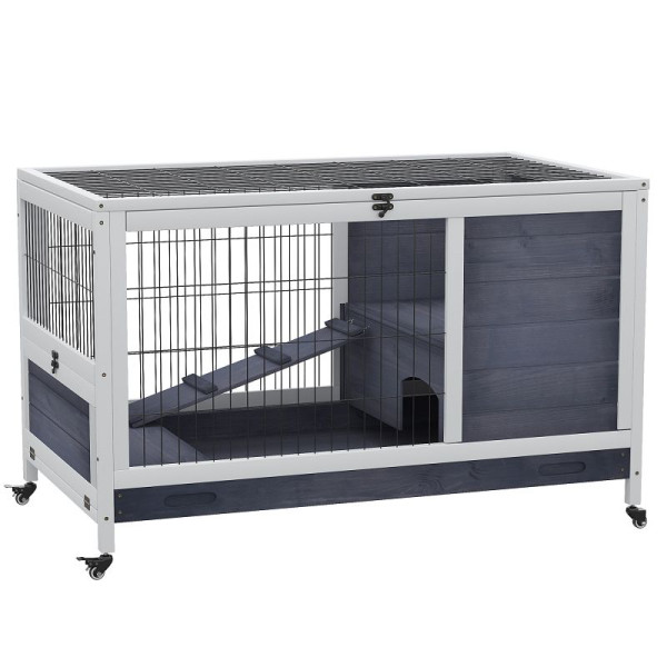 PawHut Kleintierstall mit Rädern Kleintierkäfig Meerschweinchenstall Meerschweinchenkäfig Kleintierhaus Tannenholz Dunkelgrau, D51-126WT
