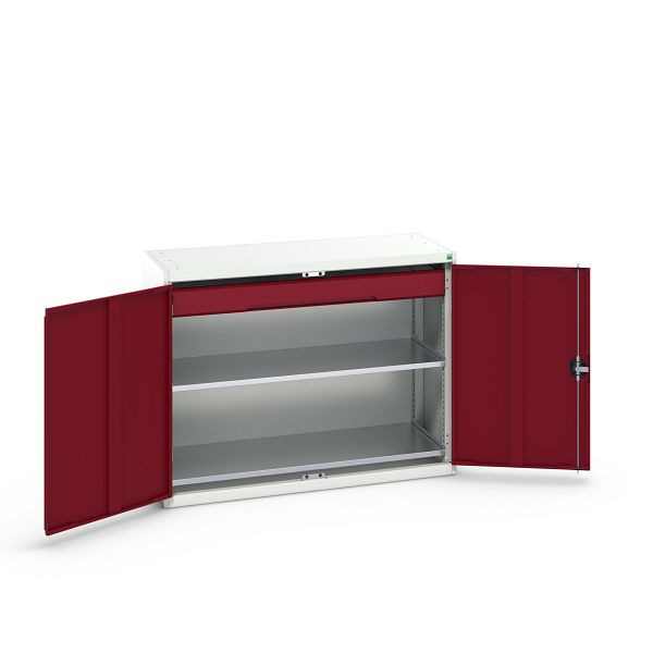 bott verso Flügeltürschrank mit Schublade, mit 2 Fachböden und 1 Schublade, BxTxH: 1300 x 550 x 1000 mm, Lichtgrau / Purpurrot, 16926604.24