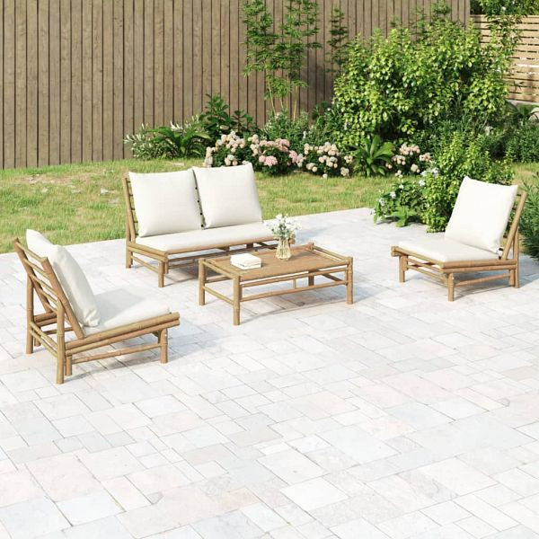 vidaXL 4-teilig Garten-Lounge-Set mit Cremeweißen Kissen Bambus, 3156481