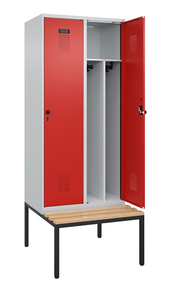 C+P Spind Evolo PLUS, 2 Abteile, 2120x800x815mm, 7035/3020, Haken 4, Drehriegel, Sitzfläche Buche-Hartholz, Sitzbank, Trennwand, 0490507-22F S10005