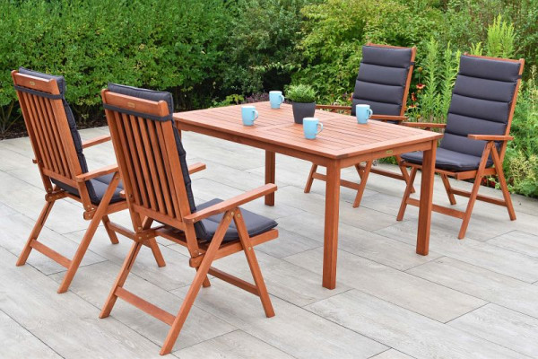 Merxx Vitoria Set 9-teilig, 4 Vitoria Klappsessel, 4 Auflagen, uni grau, mehrfach abgesteppt, 1 Tisch 150 x 90 cm, FSC Eukalyptusholz, 51156-800