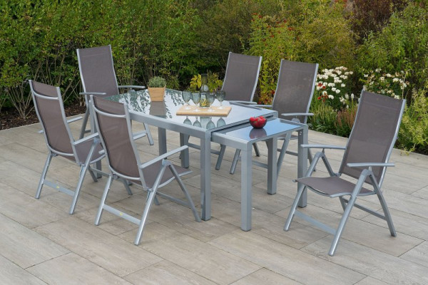 Merxx Carrara Set 7-teilig, 6 Klappsessel, Rückenlehne verstellbar, 1 Flex Ausziehtisch, 160 (320) x 78/75 cm, Silber/taupe, 50696-325