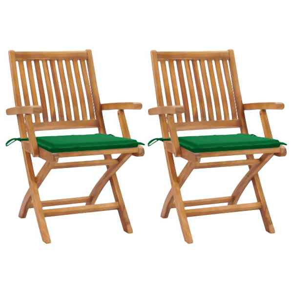 vidaXL Gartenstühle 2 Stück mit Grünen Kissen Teak Massivholz, 3062411