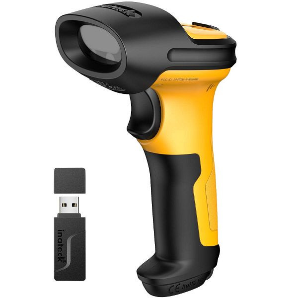 inateck AI 1D Barcodescanner mit 2.4GHz, kabellos bis 60m, 2600mAh-Akku, P6_yellow