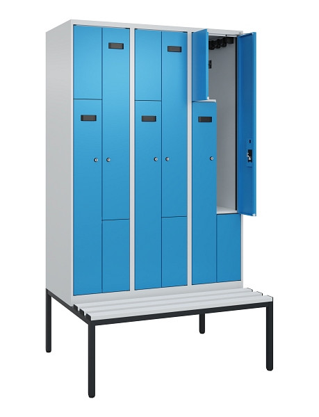 C+P Z-Spind Evolo PLUS, Bank, 6 Fächer, 2120x1200x815mm, 7035/5012, Zylinderschloss, Sitzfläche Kunststoff, Sitzbank, 0490537-326 S10088