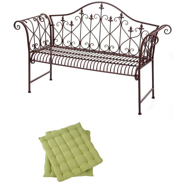 Mendler Gartenbank HWC-H78, Parkbank Sitzbank, 2-Sitzer Metall mit Verzierungen Rost-Optik braun 150cm, 2x Sitzkissen grün, 72954+37607