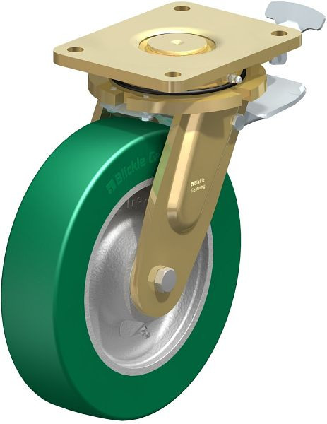 Blickle LS-GST 250K-ST-RI4 Stahlgeschweißte Schwerlast-Lenkrolle, schwere Drehkranz-Ausführung mit Feststeller, Blickle Softhane®, Grün, 852435