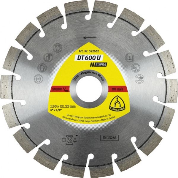 Klingspor DT 600 U Diamanttrennscheiben 150 x 2,4 x 22,23 mm 18 Segmente 20 x 2,4 x 9 mm Kurzverzahnung, für Winkelschleifer, 322632