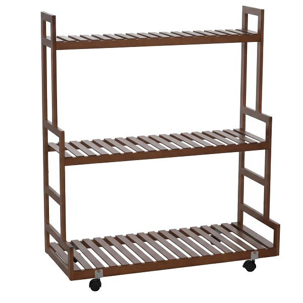 Mendler Bambus Pflanzenregal HWC-Q33, Blumentreppe Blumenständer Pflanzentreppe, 3 Ablagen Rollen 105x90x38cm, braun, 121373