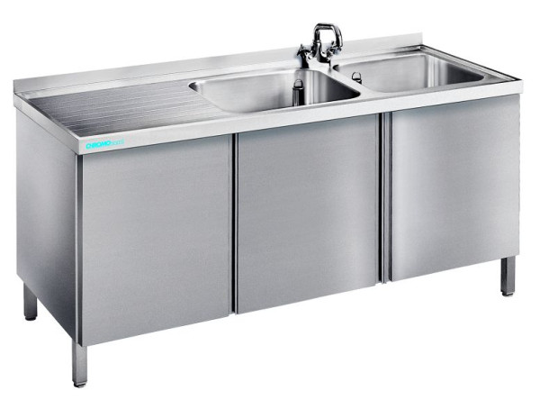 CHROMOnorm Spültisch mit 2 Becken rechts und Flügeltüren, 1500x600x850-900 mm, ST0615C2RSF