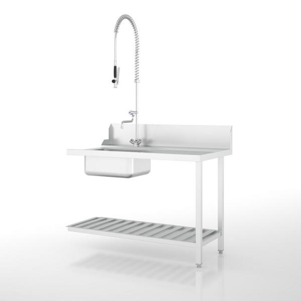 Ackermann Spülmaschinen Zulauftisch mit Becken 1250x720x875 mm - H-Linie, Anbau rechts, Unterbau mit Ablagerosten, 9021126