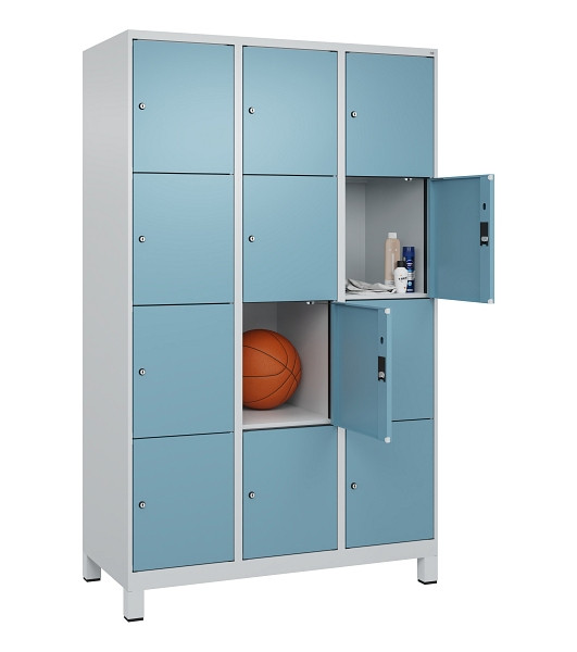 C+P Schließfachschrank Evolo PLUS, mit Füßen, 12 Fächer, 1950x1200x500mm, 7035/2406015 RDS Architekturblau, Abteile 3, 049010-324 S10009