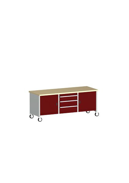bott cubio Kastenwerkbank mobil 3 Schubladen 2 Türen, 2 Ablagen, Multiplex-Arbeitsplatte BxTxH: 2000 x 750 x 840 mm, RAL 7035/3004, 41002124.24V