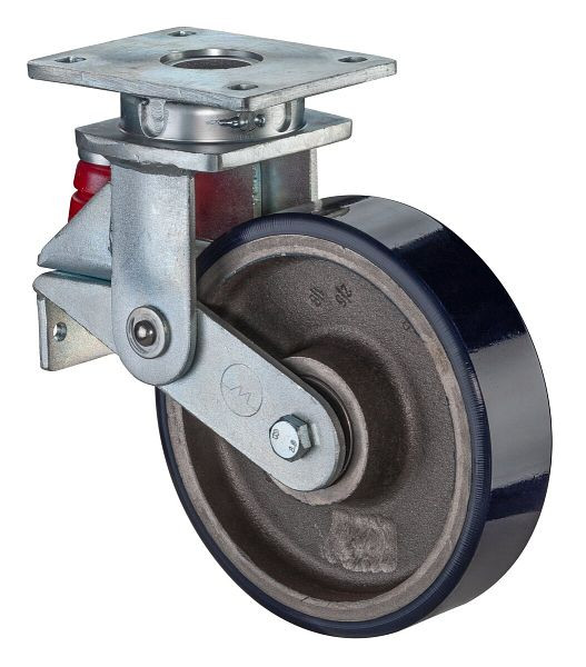 BS Rollen Gefederte Schwerlastrolle, Breite 50 mm, Ø150 mm, bis 500 kg, Lauffläche Guss-Polyurethan 78 Shore A, Radkörper Guss, Kugellager, T100.C11.150