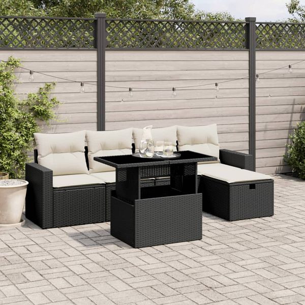 vidaXL 6-tlg. Garten-Sofagarnitur mit Kissen Schwarz Poly Rattan, 3274806