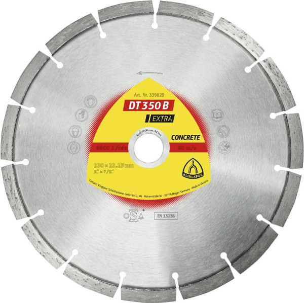 Klingspor DT 350 B Diamanttrennscheiben, 230 x 2,6 x 22,23 mm 15 Segmente 42 x 2,6 x 10 mm, Standardverzahnung, für Winkelschleifer, 339829