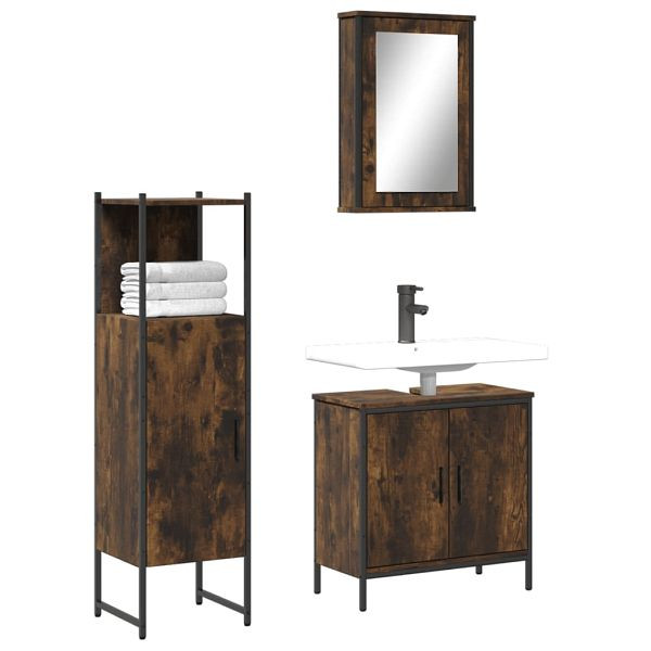 vidaXL 3-teilig Badmöbel-Set Räuchereiche Holzwerkstoff, 3214822