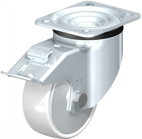 Blickle LK-PO 100G-1-FI-FA Stahlblech-Lenkrolle, schwere Ausführung, mit Anschraubplatte & Feststeller, Polyamid, Weiß, 612887