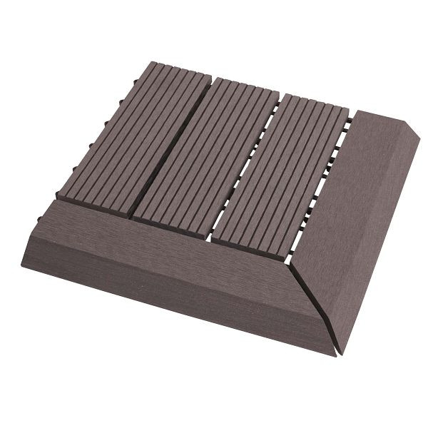 Mendler WPC Eck-Bodenfliese Rhone + Abschluss, Holzoptik Terrasse, 30x30cm Premium, Ecke links, grau linear, 77609