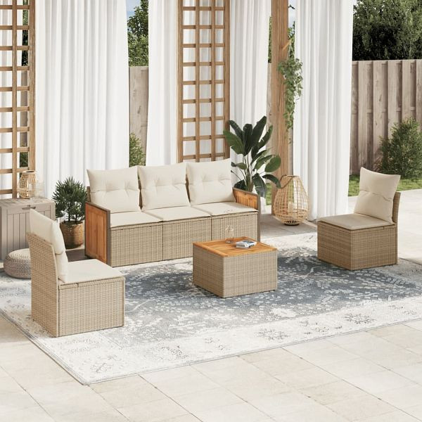 vidaXL 6-tlg. Garten-Sofagarnitur mit Kissen Beige Poly Rattan, 3227535