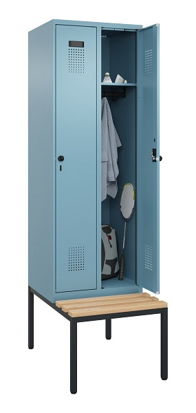 C+P Spind Evolo PLUS, 2 Abteil, 2120x600x815mm, 0010/0010, Drehriegel, Sitzfläche Buche-Hartholz, Sitzbank, 0490507-20 S10021