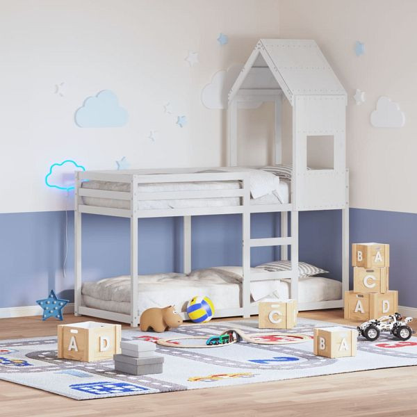 vidaXL Etagenbett mit Dach Weiß 90x190 cm Massivholz Kiefer, 3282003
