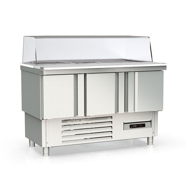 Vaiotec TOPLINE Saladette 700 / 3-fach mit Türen, Glasaufsatz gerade, GN 1/6 & 1/9, Breite: 1375 mm, 11602