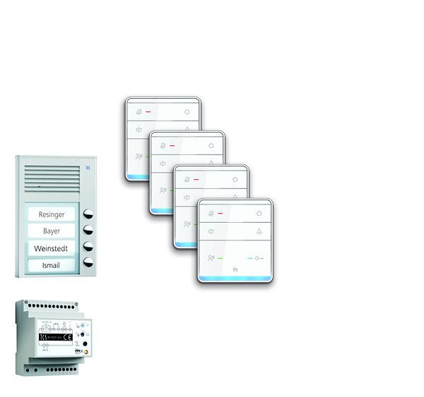 TCS Türkontrollsystem audio:pack AP für 4 Wohneinheiten, mit Außenstation PAK 4 Klingeltasten, 4x Freisprecher ISW5010, Steuergerät BVS20, PPAF04-EN/01