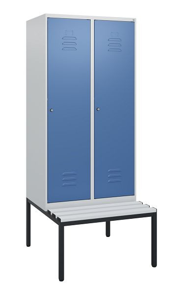 C+P Umkleidespind Classic PLUS, mit untergebauter Sitzbank, 2 Abteile, 1950x800x815mm, 7035/5023, Zylinderschlösser, 0800505-22 S10050