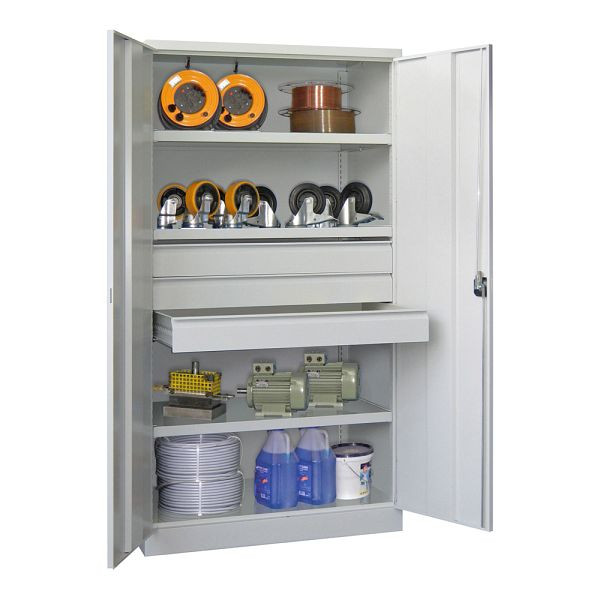 Pavoy Schwerlastschrank 1950/1040/630, 3 Fachböden, 3 Schubladen a 125 mm Höhe, Flügeltüren, Drehgriff mit Zylinderschloss, 36365-104-003-910204