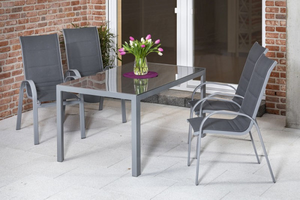 Merxx Amalfi Set 5-teilig, 4 Amalfi Stapelsessel mit hoher Rückenlehne, 1 Tisch 150 x 90 cm, moderne Optik, silber/grau, 50360-309