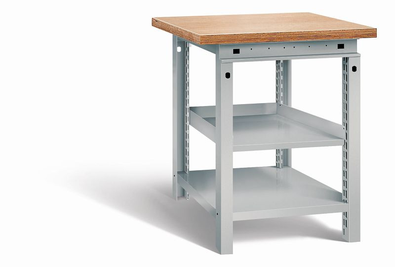 Otto Kind Werkbank Serie function Typ 102, Multiplexplatte 40 mm, überstehend, 1 Ablageboden, komplett RAL 9006, 072319296