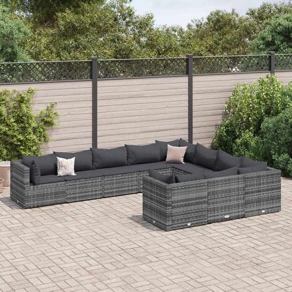 vidaXL 10-teilig Garten-Sofagarnitur mit Kissen Grau Poly Rattan, 3308330
