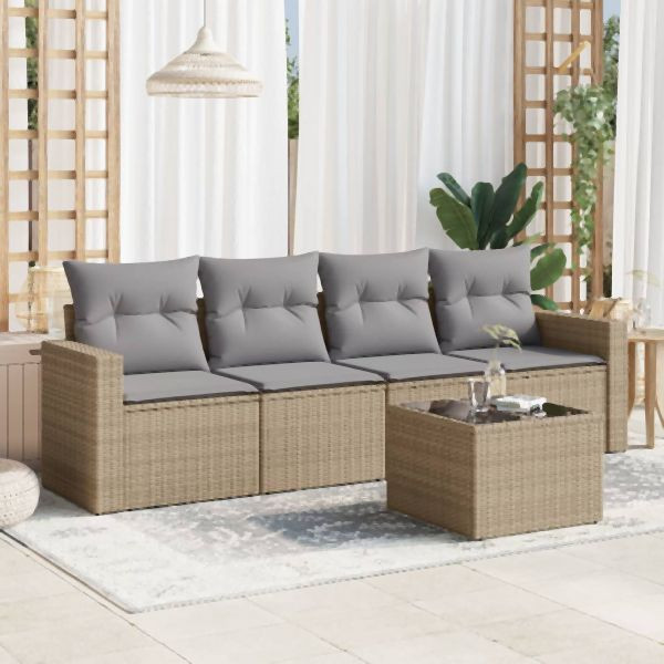 vidaXL 5-tlg. Garten-Sofagarnitur mit Kissen Beige Poly Rattan, 3251026