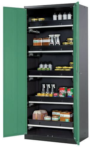 asecos Chemikalienschrank Systema-T CS-85, Korpus anthrazit, Flügeltüren grün, 5 Tablarauszüge, 208969