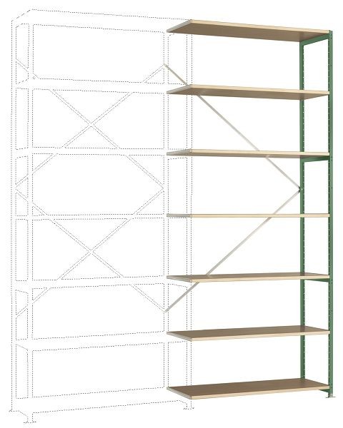 Manuflex Breitfach-Steckregal Anbauregal mit 7 Holzverbundböden, HxBxT = 3000 x 1250 x 400 mm, resedagrün, RP1726.6011