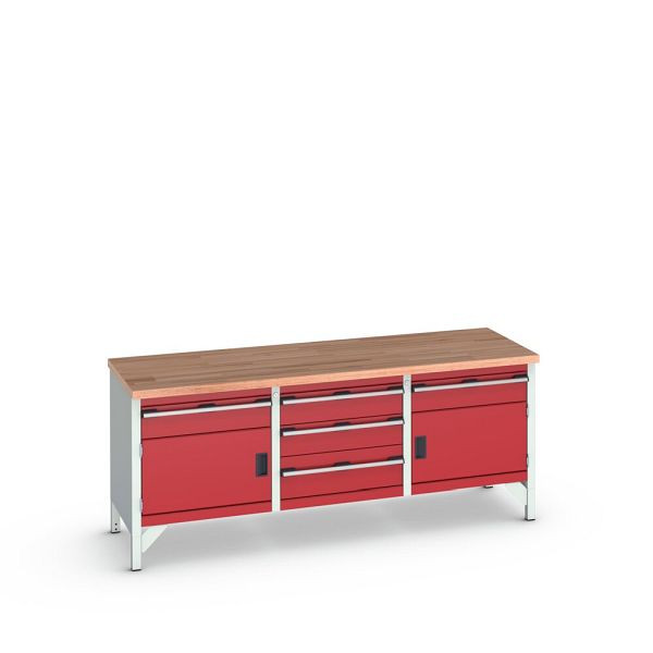 bott cubio Kastenwerkbank mit 5 Schubladen, 2 Türen, Rotbuche-Arbeitsplatte, BxTxH: 2000x750x840mm, Purpurrot, 41002065.24V