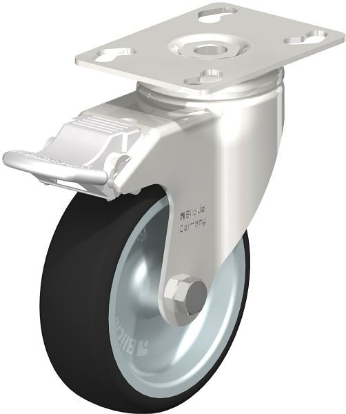 Blickle LKPXA-PATH 101G-FI Edelstahl-Apparate-Lenkrolle mit Anschraubplatte & Feststeller, Thermoplastisches Polyurethan, Grau, 847064