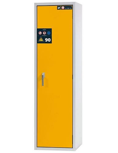 asecos Gasflaschenschrank feuerbeständig G90, 2 x 50 l Flaschen, B 600 mm, Tür rechts, grau/gelb, 210385