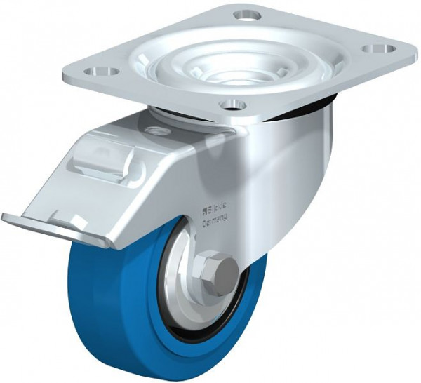 Blickle L-POEV 80XR-FI-SB-FA Stahlblech-Lenkrolle, mittelschwere Ausführung, mit Anschraubplatte & Feststeller, Elastik-Vollgummi, Blau, 850451