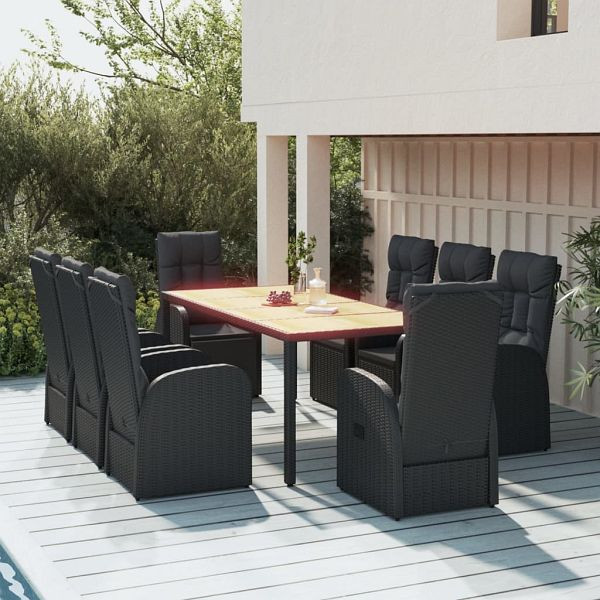 vidaXL 9-tlg. Garten-Essgruppe mit Kissen Schwarz Poly Rattan, 3157605