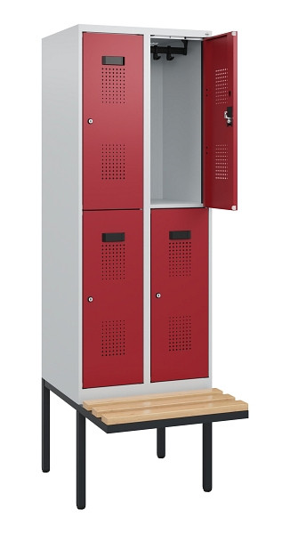 C+P Doppelstock-Spind Evolo PLUS, Bank, 4 Fächer, 1950x600x815mm, 7035/3003, Zylinderschloss, Sitzfläche Buche-Hartholz, 0493405-20 S10026