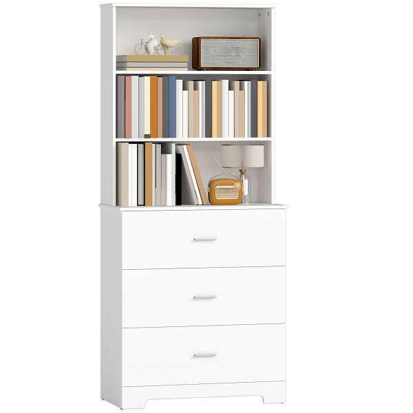 HOMCOM Bücherschrank Hochschrank Vitrinenschrank mit 3 Schubladen, 3 offen Regalen, für Wohnzimmer Küche, 79x39,5x180 cm, Weiß, 836-641V90WT