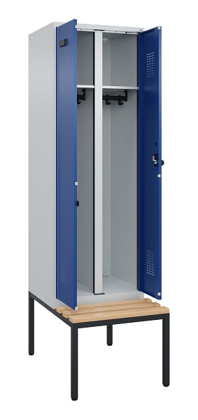 C+P Schwarz-Weiß-Spind Evolo PLUS, Bank, 2 Abteile, 2120x600x815mm, 7035/5010, Drehriegel, Sitzfläche Buche-Hartholz, Sitzbank, 0490527-20 S10006