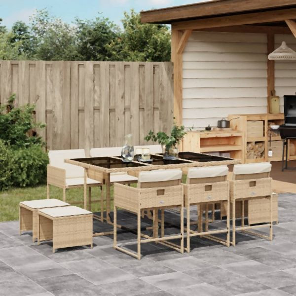 vidaXL 11-tlg. Garten-Essgruppe mit Kissen Beige Poly Rattan, 3211330