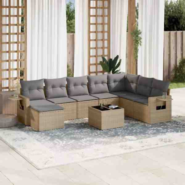 vidaXL 9-tlg. Garten-Sofagarnitur mit Kissen Beige Poly Rattan, UV-beständig, 3220568