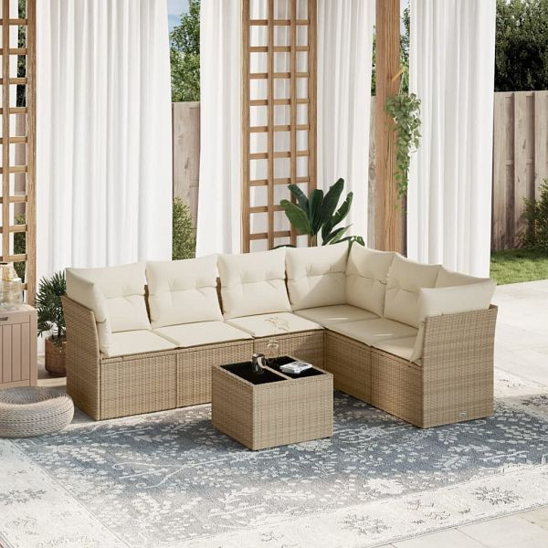 vidaXL 7-teilig Garten-Sofagarnitur mit Kissen Beige Poly Rattan, 3249527