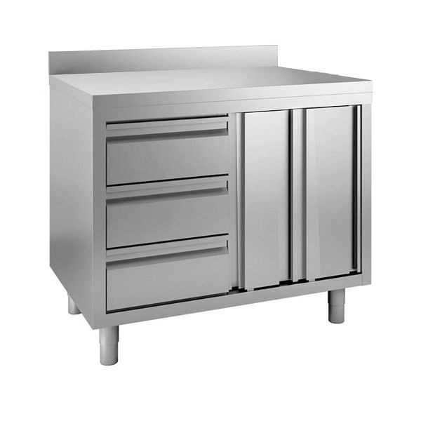 Vaiotec TOPLINE Arbeitsschrank 600 / Flügeltüren, 3 Schubladen links und Aufkantung L: 1200 mm, 11491